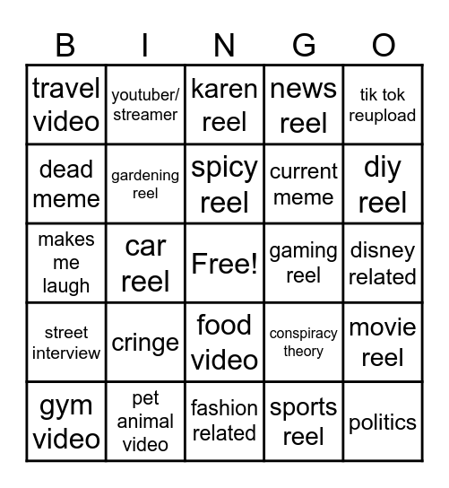 Instagram reel bingo Card