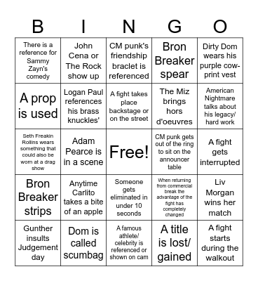 WWE Summer Slam Bingo Card