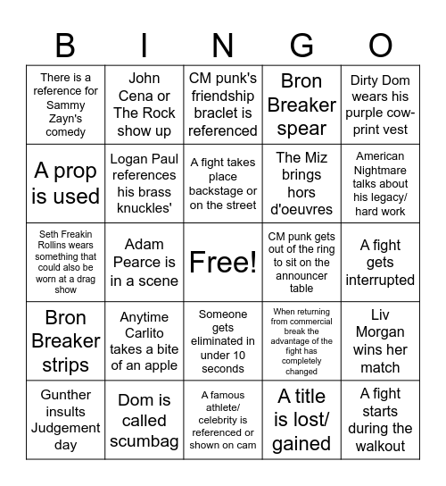 WWE Summer Slam Bingo Card