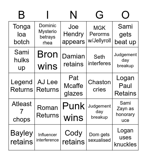 Summerslam Bingo Card