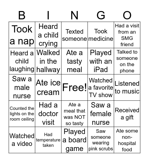 Hospital Stay Bingo Card