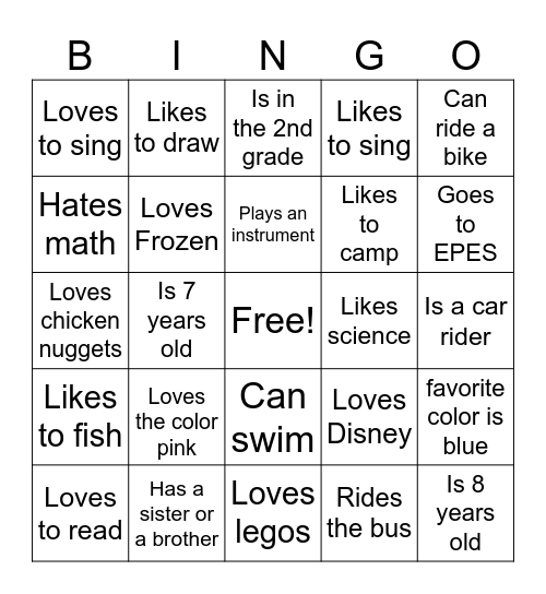 Getting To Know You Bingo Card