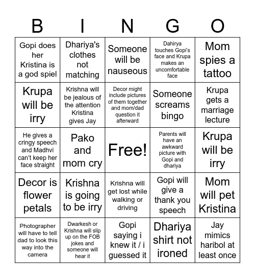 Gopis Engagement Bingo Card