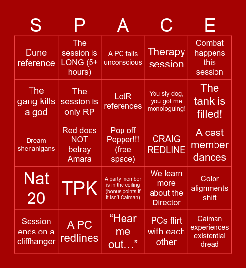 Spelljammer: Redline - Track 22 Bingo Card