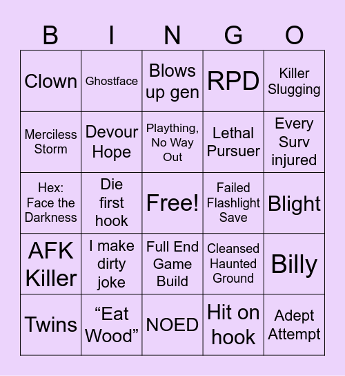 Dead By Daylight Bingo Card