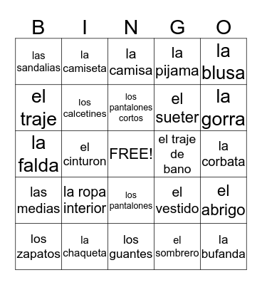 La Ropa Bingo Card