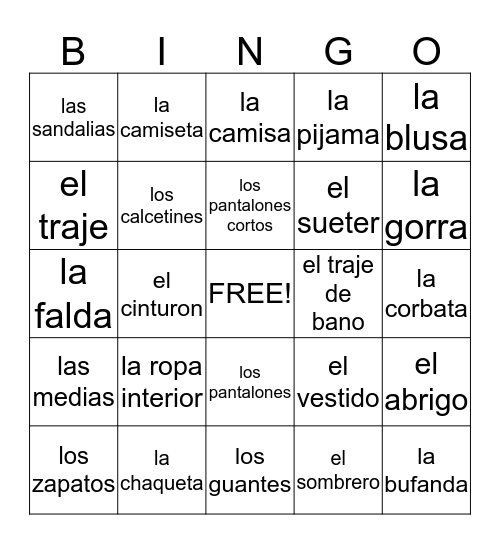 La Ropa Bingo Card