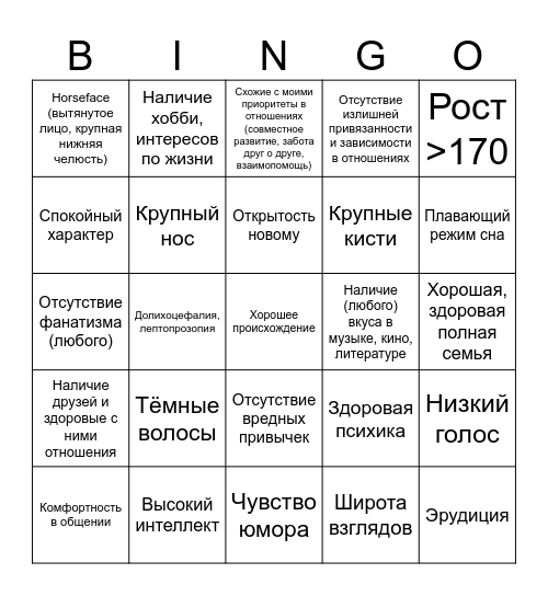 Идеальная девушка бинго Bingo Card