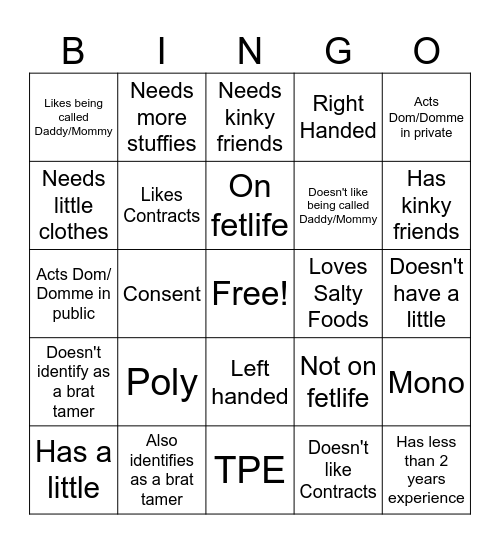 Dom/Domme Bingo Card