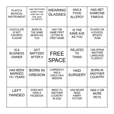 FIND THE GUEST BINGO Card