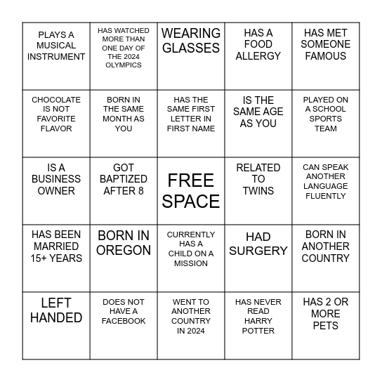 FIND THE GUEST BINGO Card