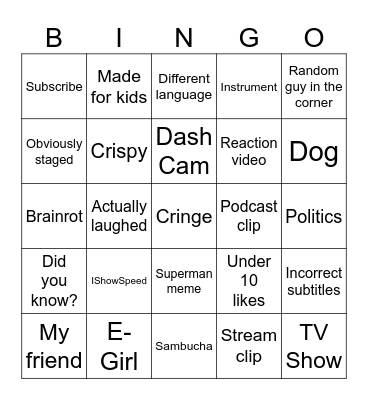 YT SHORTS Bingo Card