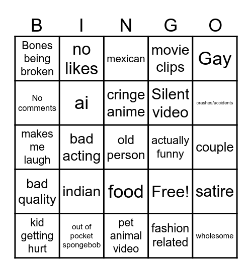 Instagram reel bingo Card