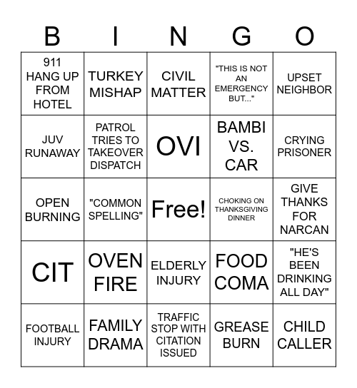 DISPATCHER THANKSGIVING Bingo Card