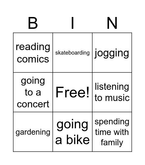 English Bingo Card