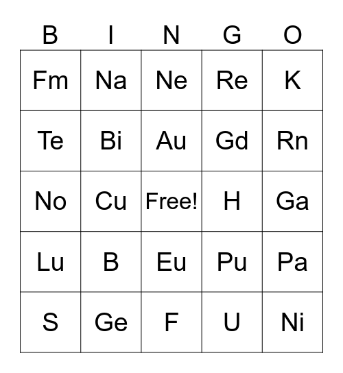 ChemiCard Bingo Card
