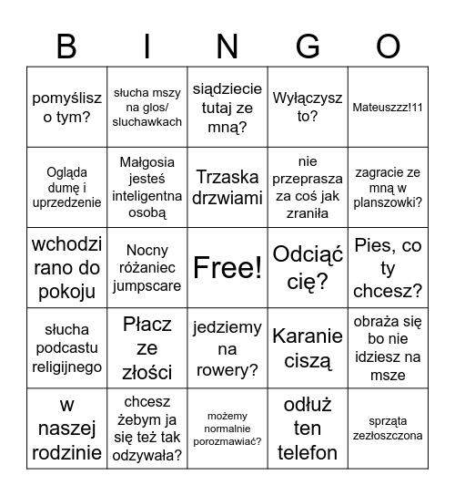 Kiedy mama w domu Bingo Card