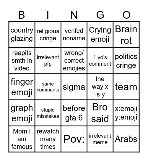 youtube shorts comments Bingo Card