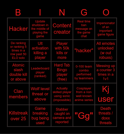 Hard Tsb Bingo Card