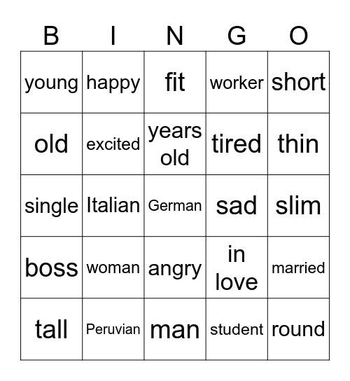 Using the Verb  'Be' to describe people Bingo Card