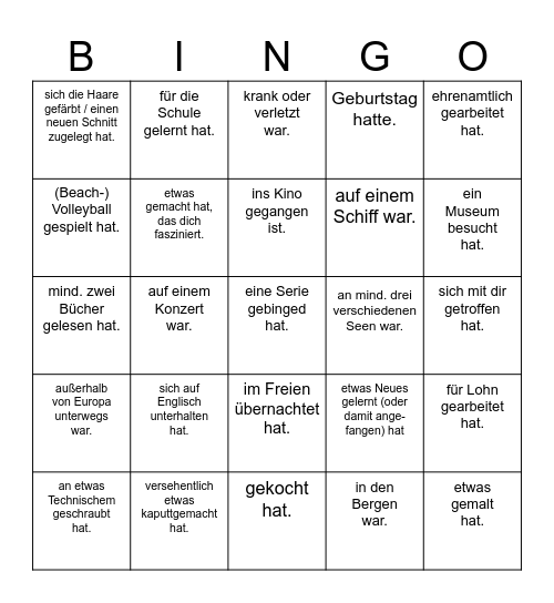 Finde eine Person, die in den Ferien... Bingo Card