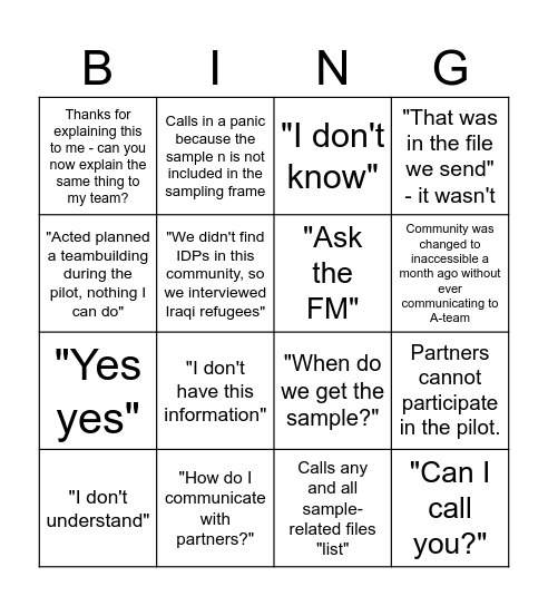 MSNA Field Bingo Card