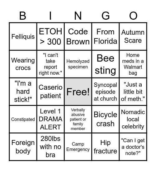 Sunday Funday ED Bingo Card