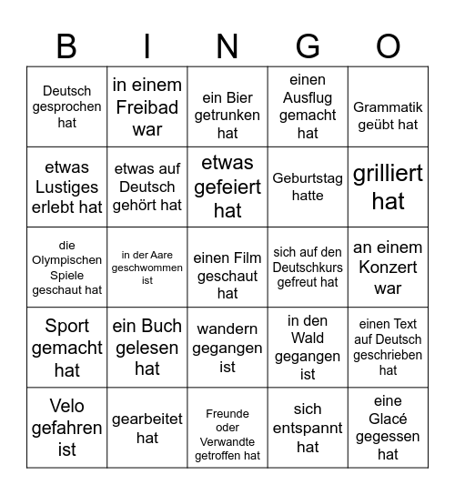 Ferienbingo: Finde eine Person, die in den Ferien... Bingo Card