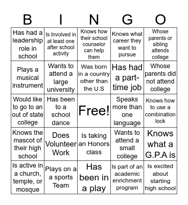 High School Bingo Card