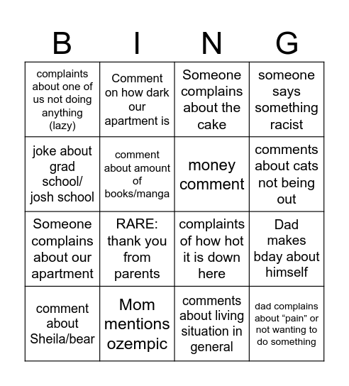 Parental Visit Bingo Card