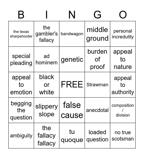 Logical Fallacy Bingo Card