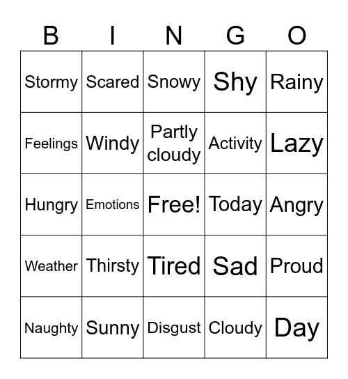 Weather and Feelings Bingo Card