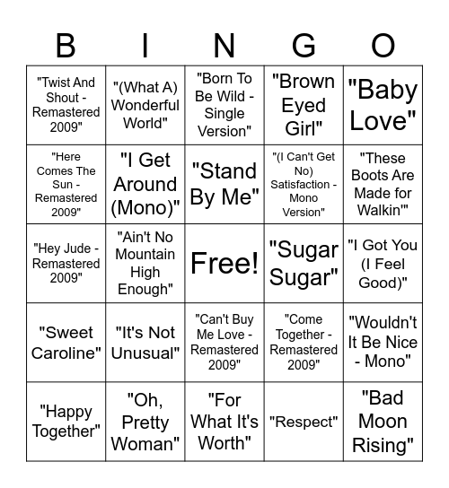 60s Music Bingo Round #1 Bingo Card