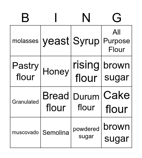 Ingredients in Baking Bingo Card