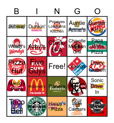 Fast Food Bingo Card