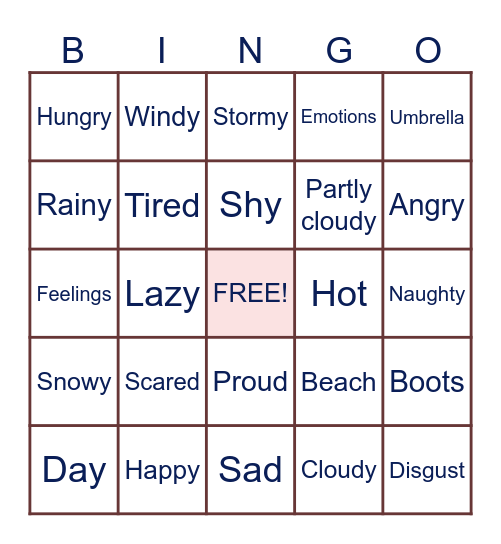 Weather and Feelings Bingo Card