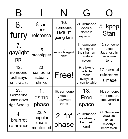 ppl in art sch bingo Card