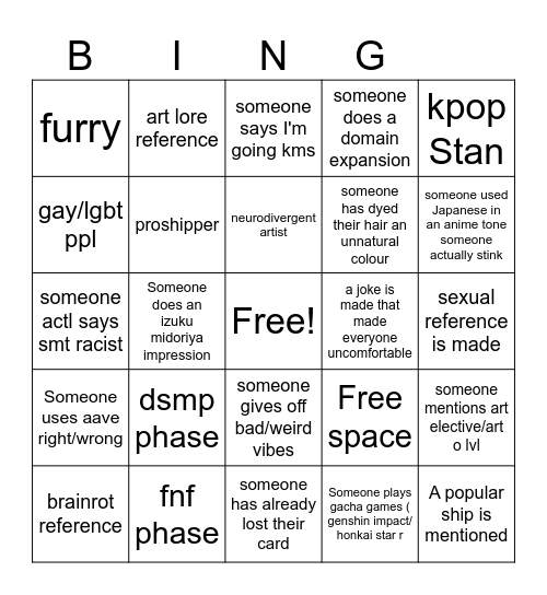 ppl in art sch bingo Card