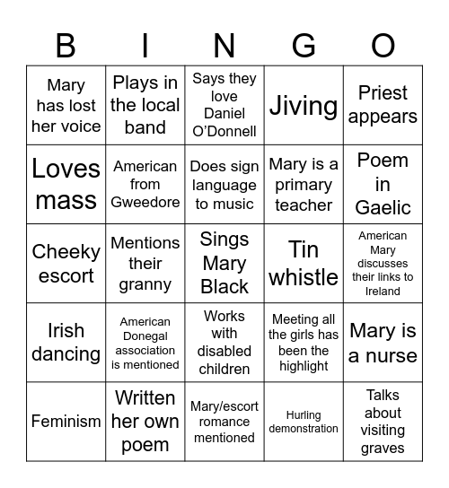 Mary drinking game Bingo Card