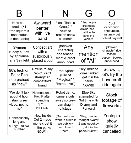 D23 Parks Panel 2K24 Bingo Card