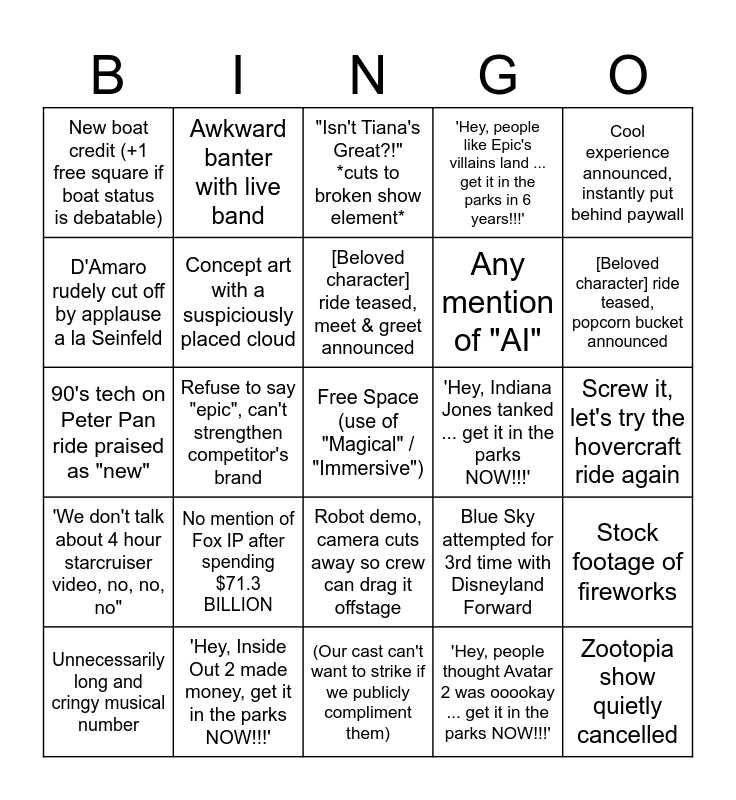 D23 Parks Panel 2K24 Bingo Card