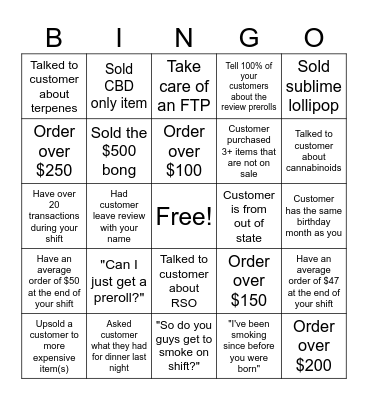 Budtender Bingo Card