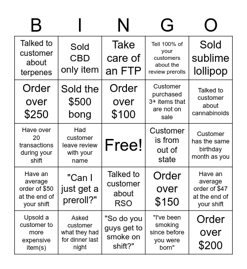 Budtender Bingo Card