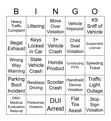 Traffic Bingo Card