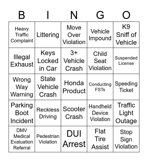 Traffic Bingo Card