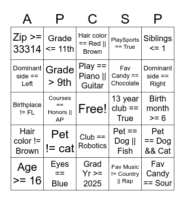 APCSP Boolean Bingo Card