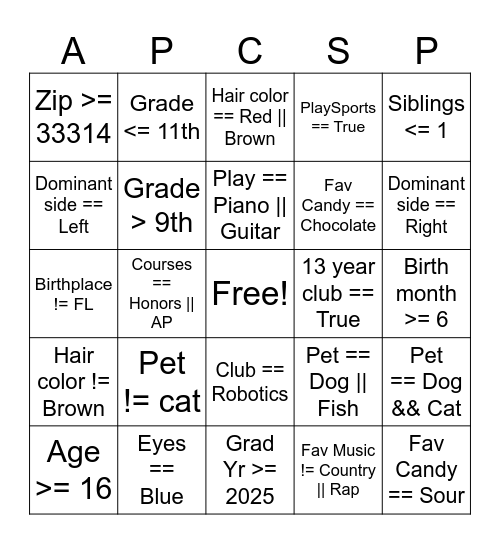 APCSP Boolean Bingo Card