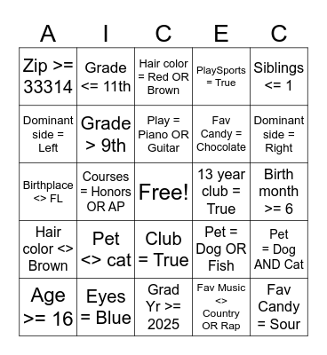 AICE CS Boolean Bingo Card