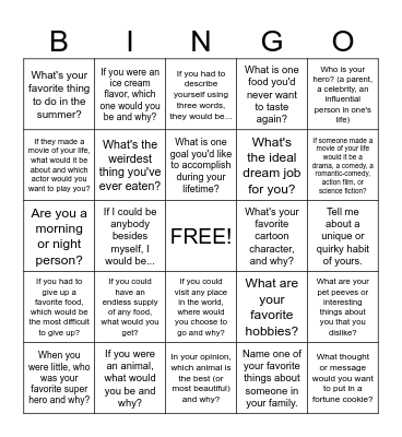 Getting To Know You Bingo Card