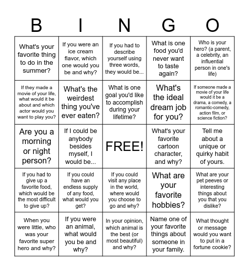 Getting To Know You Bingo Card